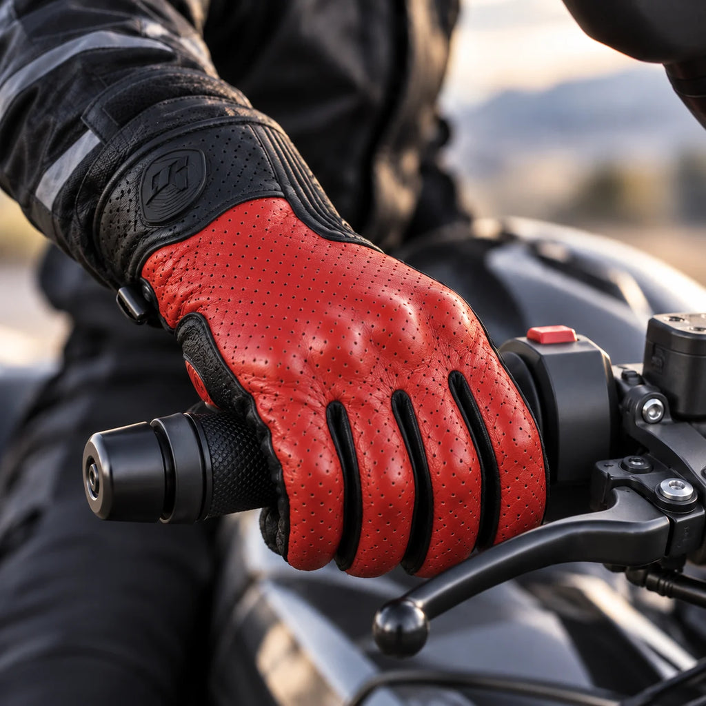 Gant moto Cafero rouge porté sur le guidon