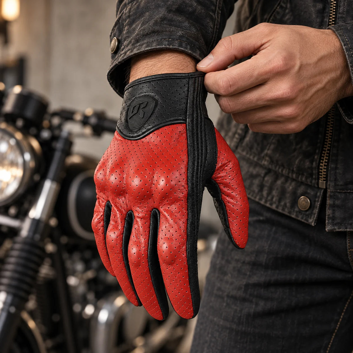 Gants moto Cafero rouges portés — cuir perforé