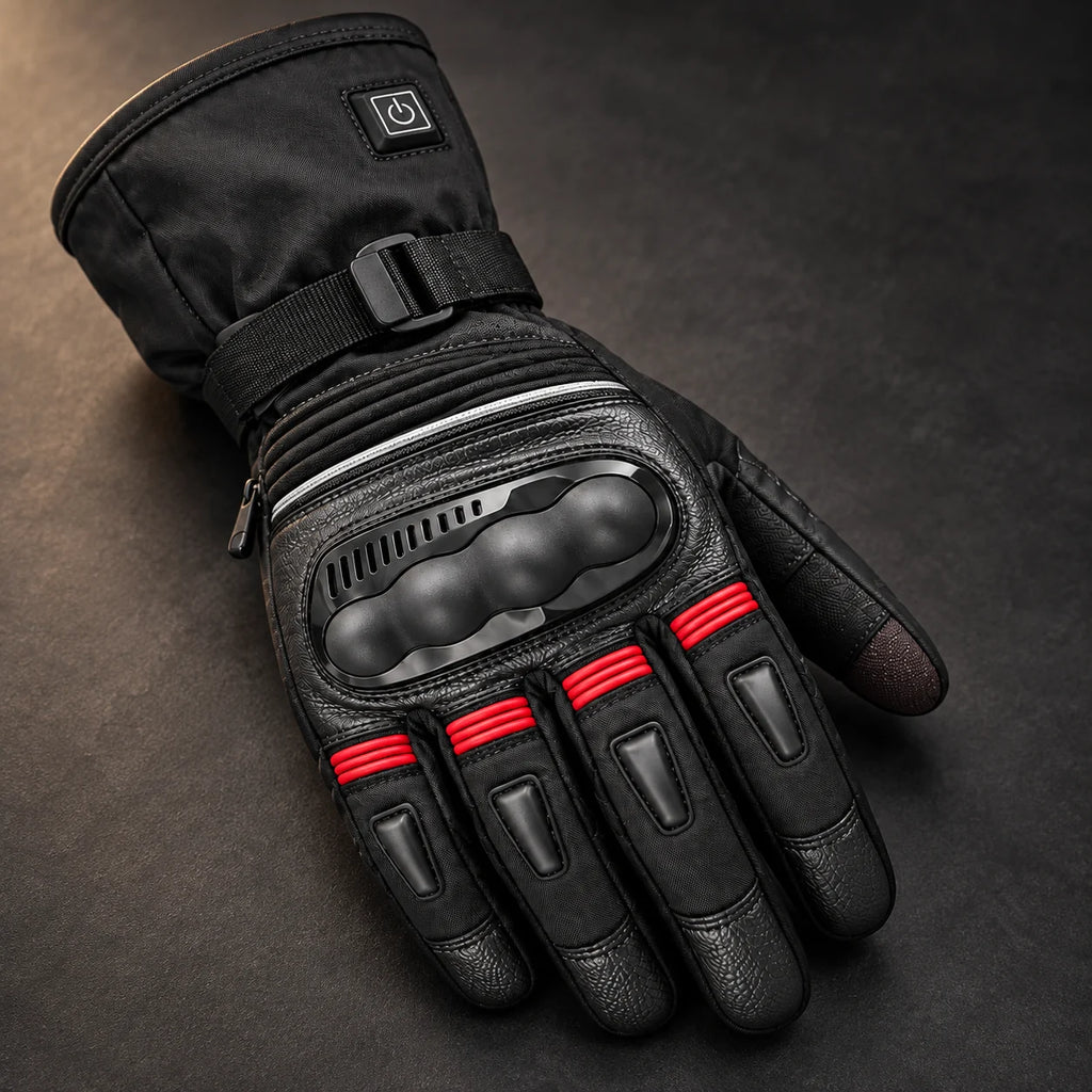 Gant moto chauffant réglable Calorix rouge — gros plan protection, commande et coutures