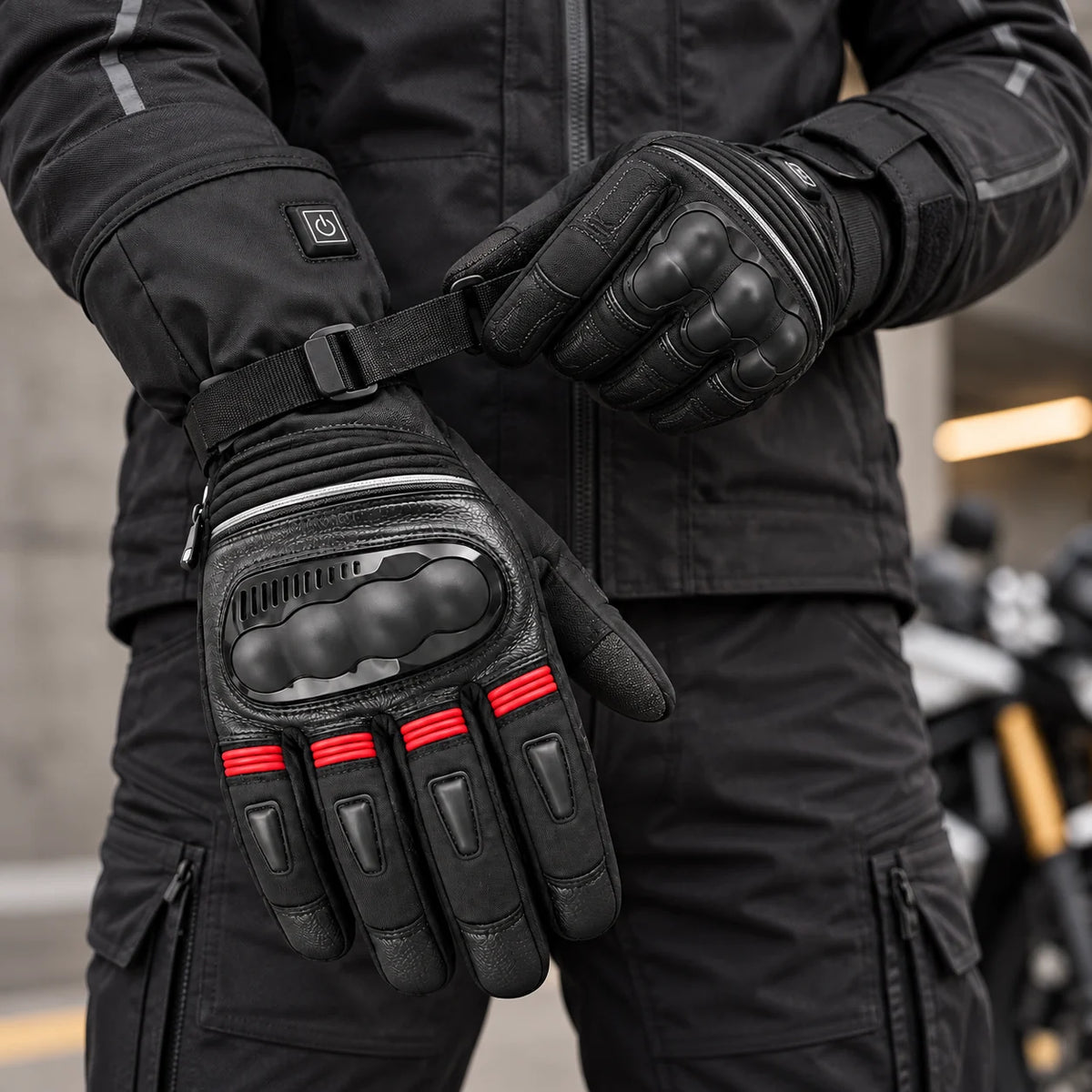 Gants moto chauffants réglables Calorix rouge portés
