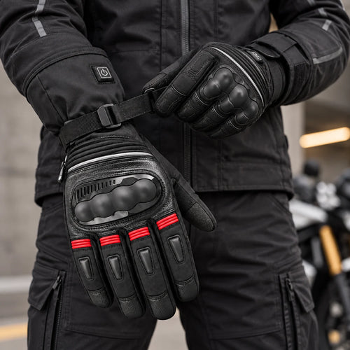 Gants moto chauffants réglables Calorix rouge portés