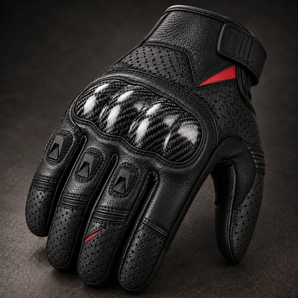 Gant moto Carbix noir — gros plan cuir perforé et coque carbone