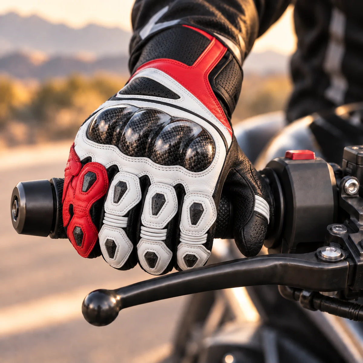Gant moto Fehrix porté sur le guidon gauche