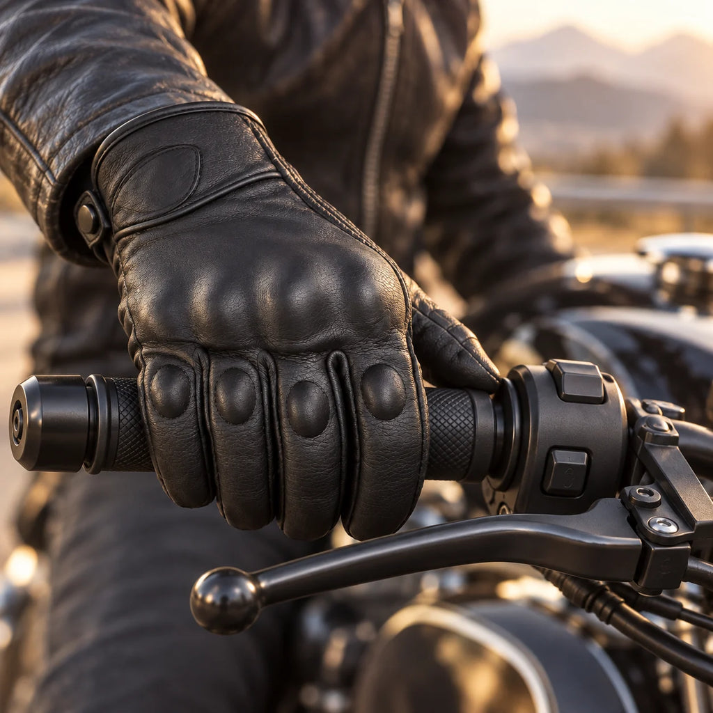 Gant moto vintage Foxen noir porté sur le guidon gauche