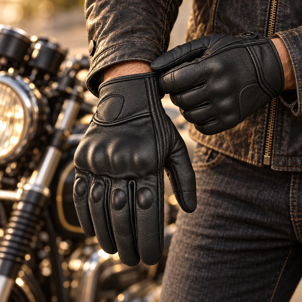 Gants moto vintage Foxen noirs portés
