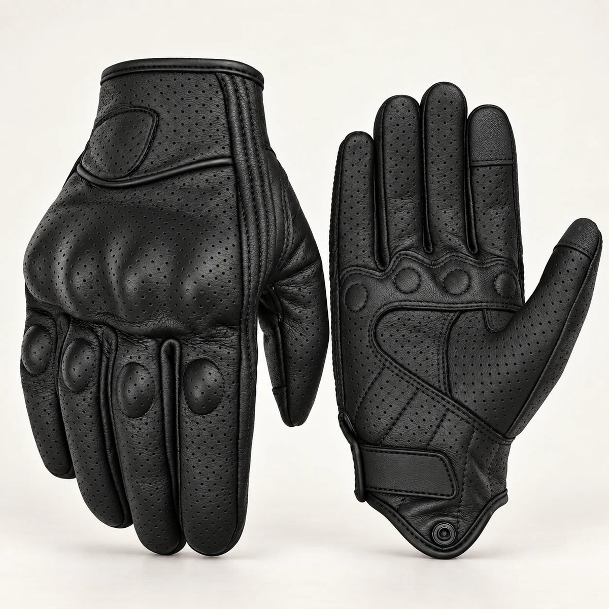Gants moto hiver vintage Foxen Noir perforé — packshot premium