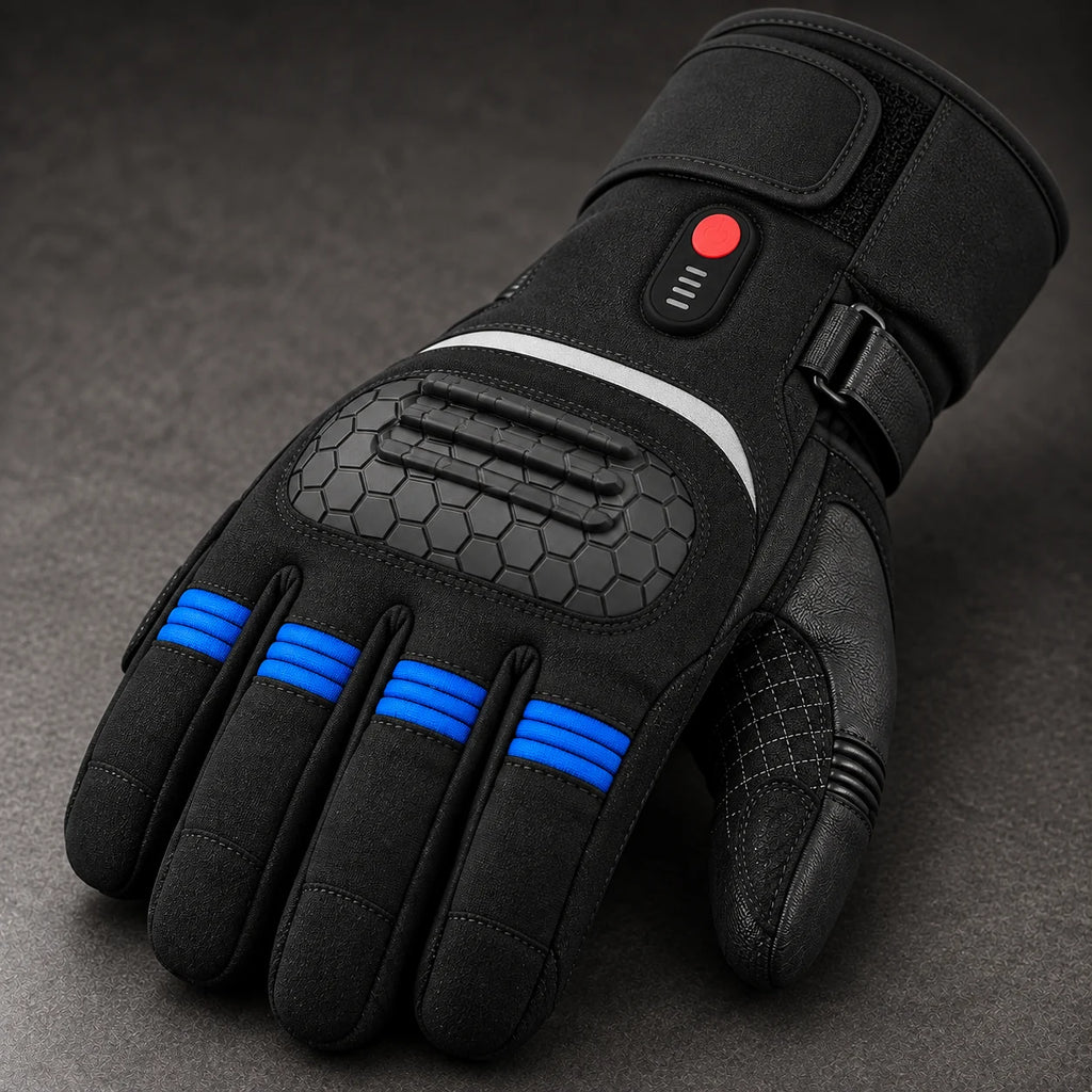 Gant moto chauffant étanche Ignira EG01 bleu — gros plan bouton, protections et textile