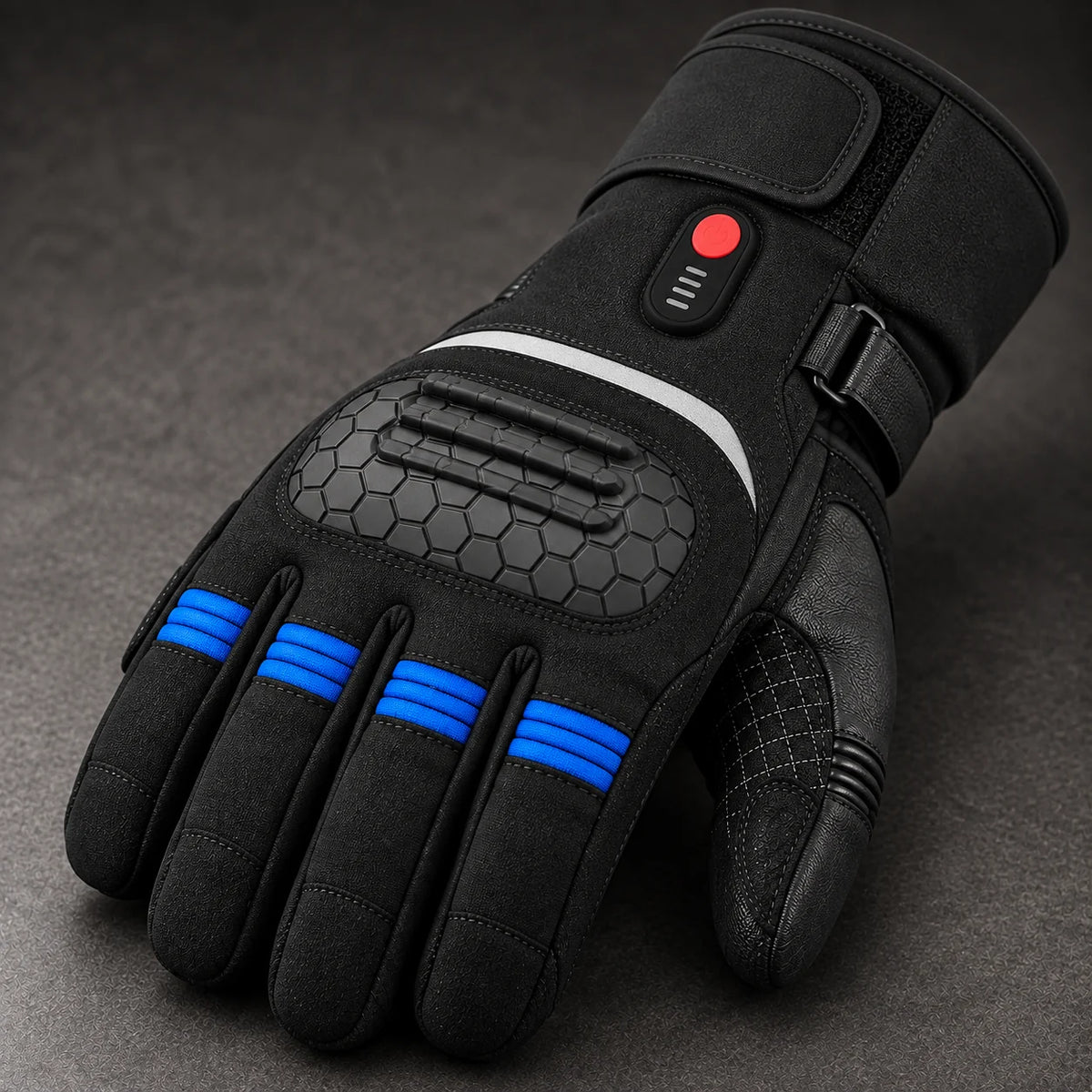 Gant moto chauffant étanche Ignira EG01 bleu — gros plan bouton, protections et textile