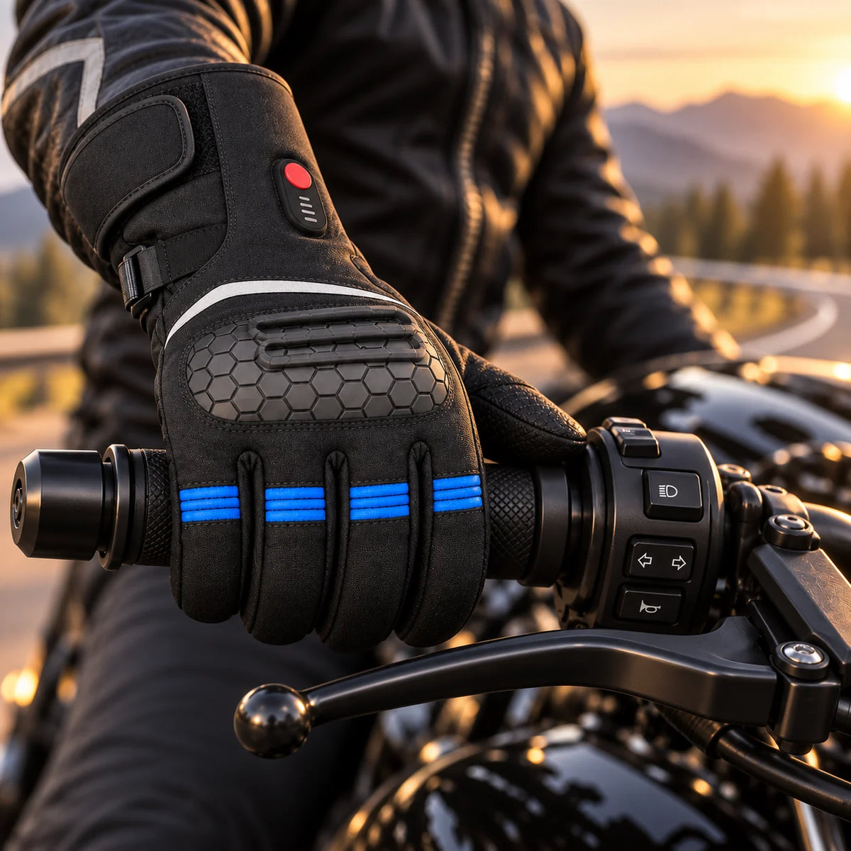 Gant moto chauffant étanche Ignira EG01 bleu porté sur le guidon gauche