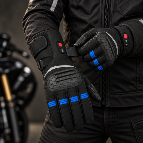 Gants moto chauffants étanches Ignira EG01 bleus portés