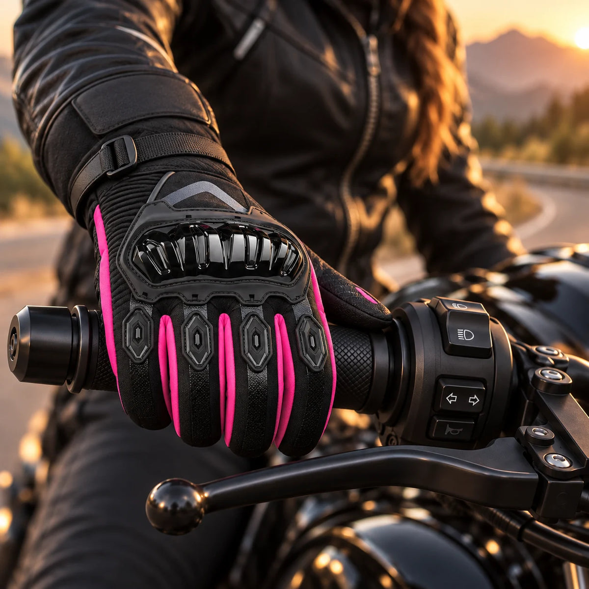 Gant moto hiver imperméable Lynea rose porté sur le guidon gauche