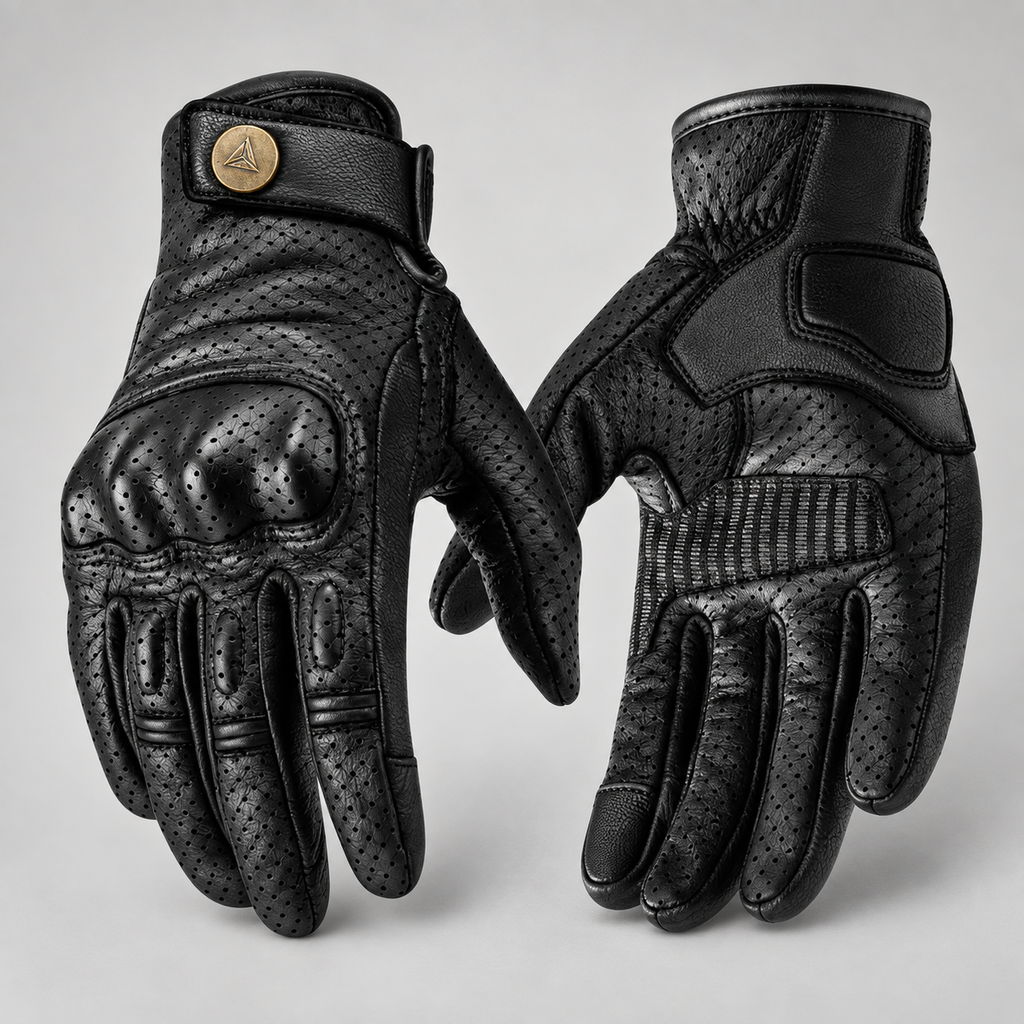 Gants moto homme Moltis en cuir noir perforé — packshot face et paume