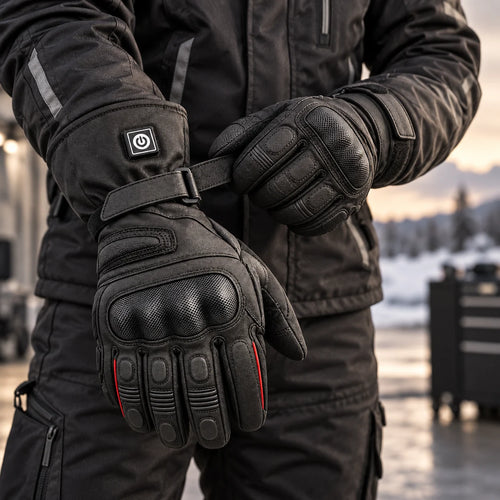 Gants moto chauffants Nordim portés — lifestyle hiver
