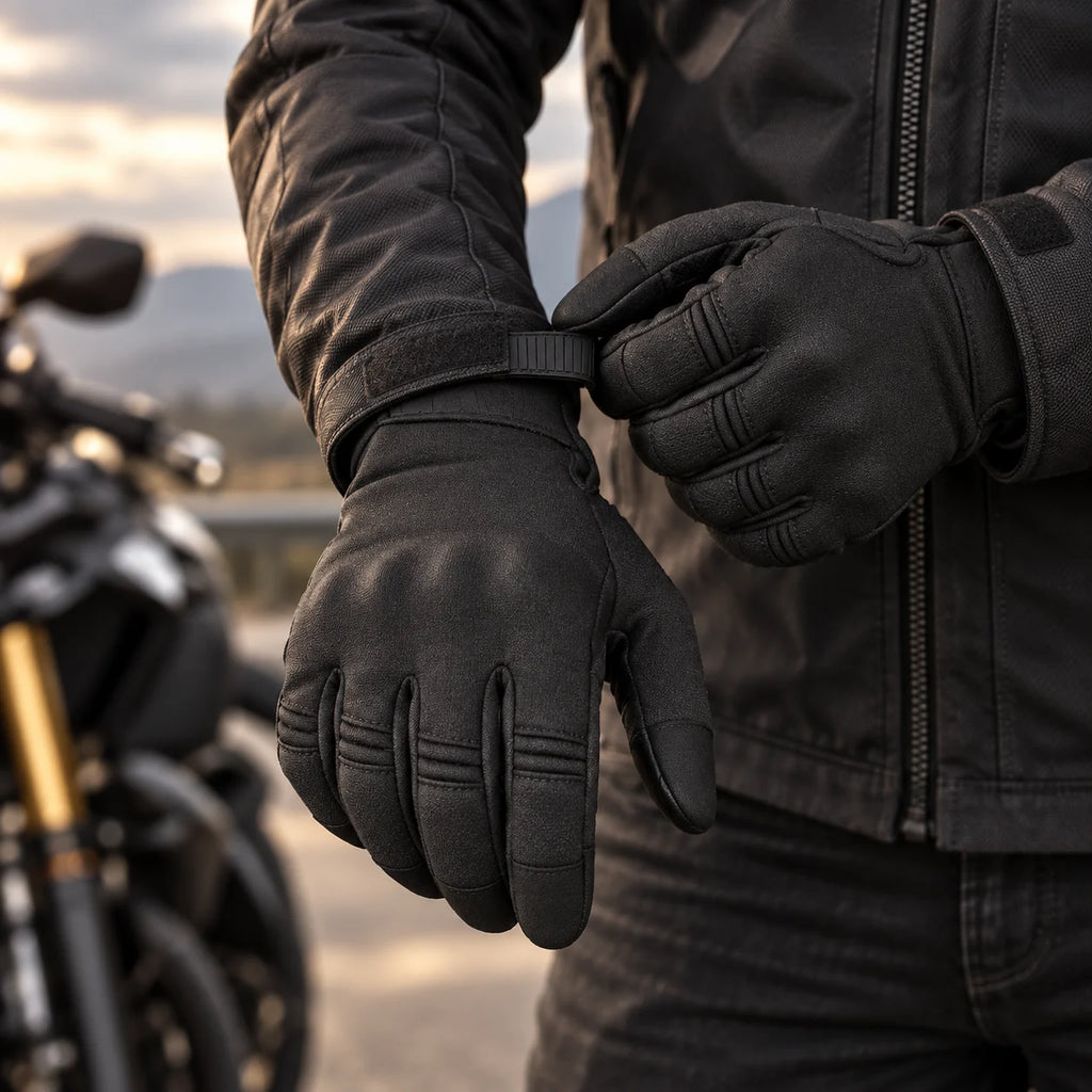 Gants moto hiver déperlants Norvik noirs portés