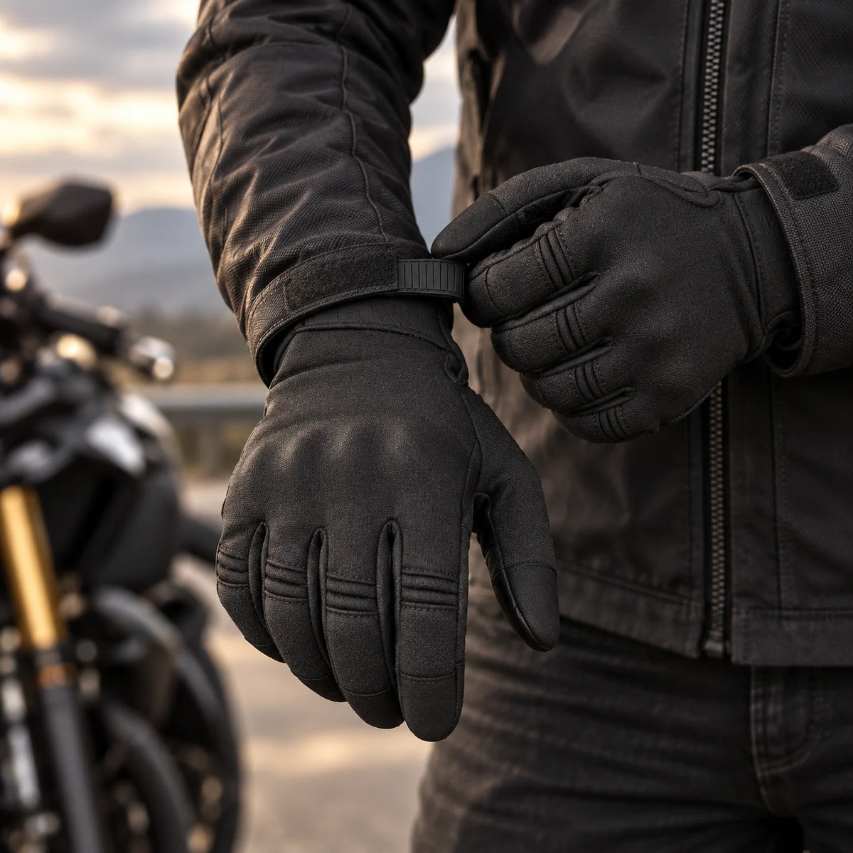 Gants moto hiver déperlants Norvik noirs portés