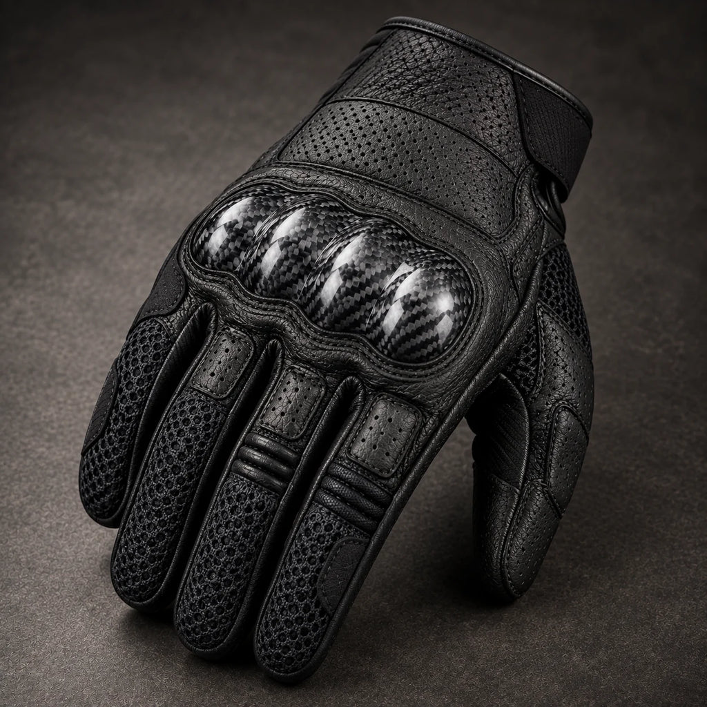 Gant moto Nyvra noir — gros plan coque carbone et mesh