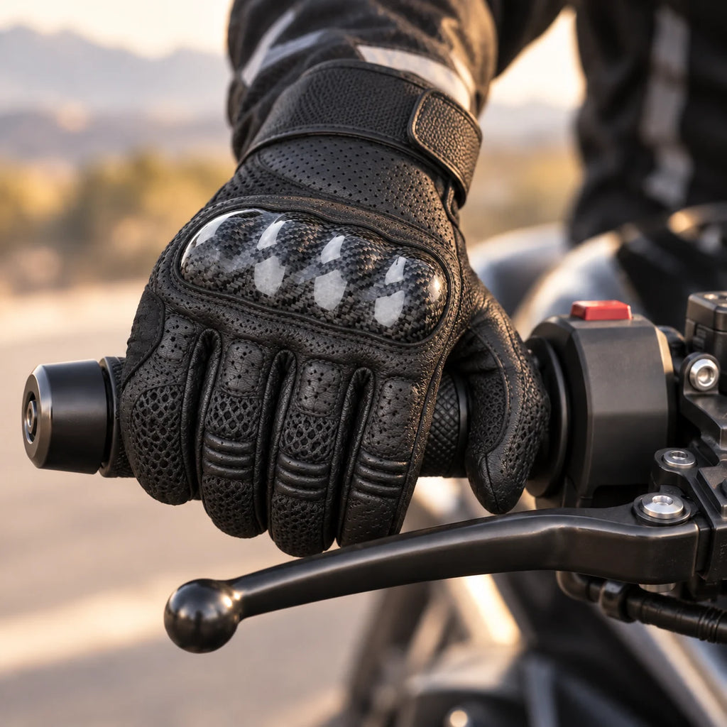 Gant moto été Nyvra noir porté sur le guidon