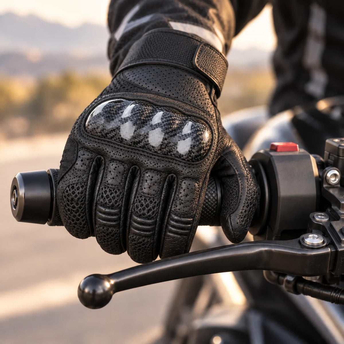 Gant moto été Nyvra noir porté sur le guidon