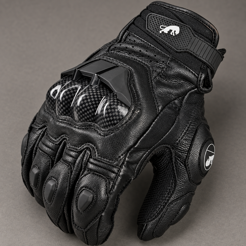 Gant moto Raceix noir — gros plan cuir perforé et coque carbone