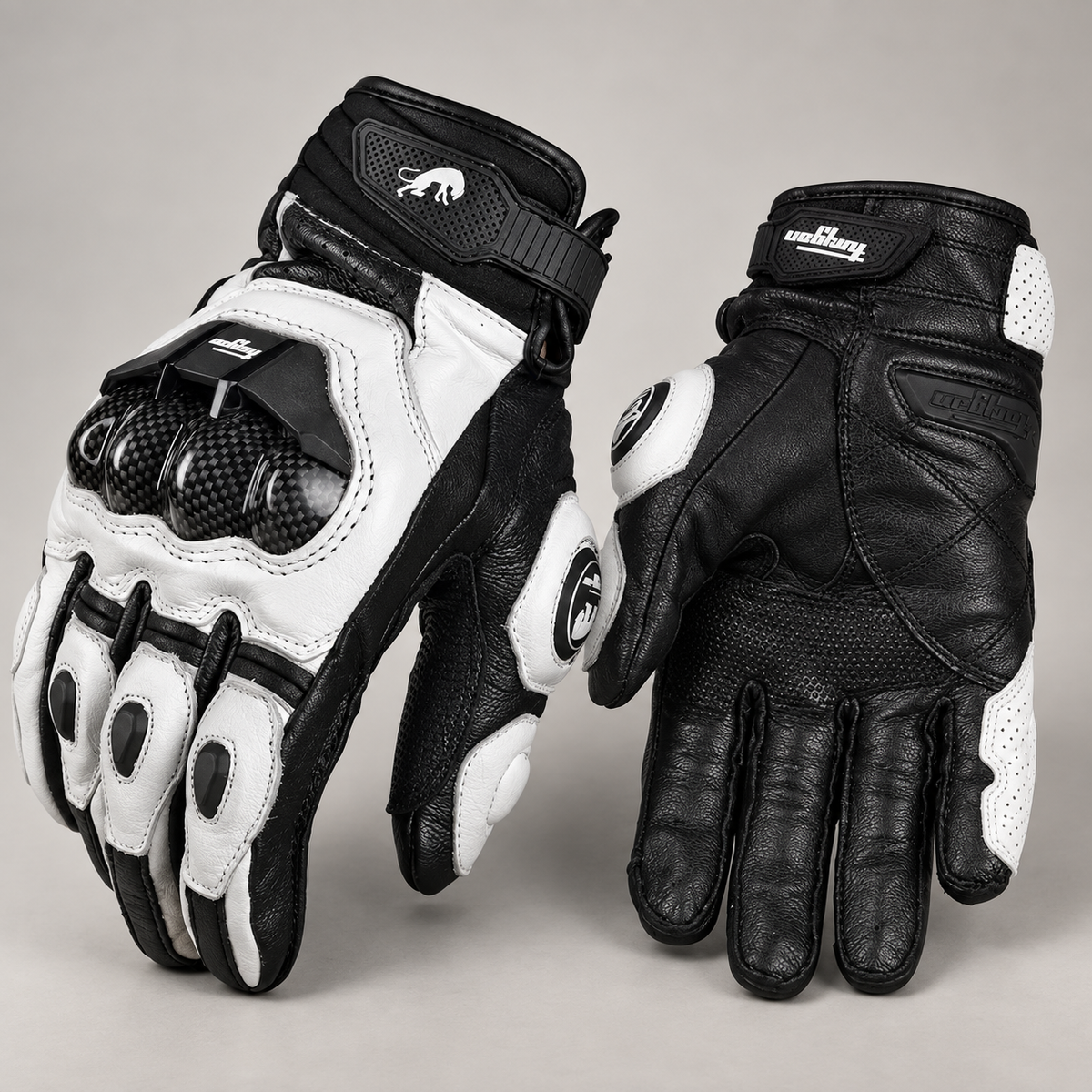 Gants moto été renforcés Raceix blancs et noirs — packshot premium