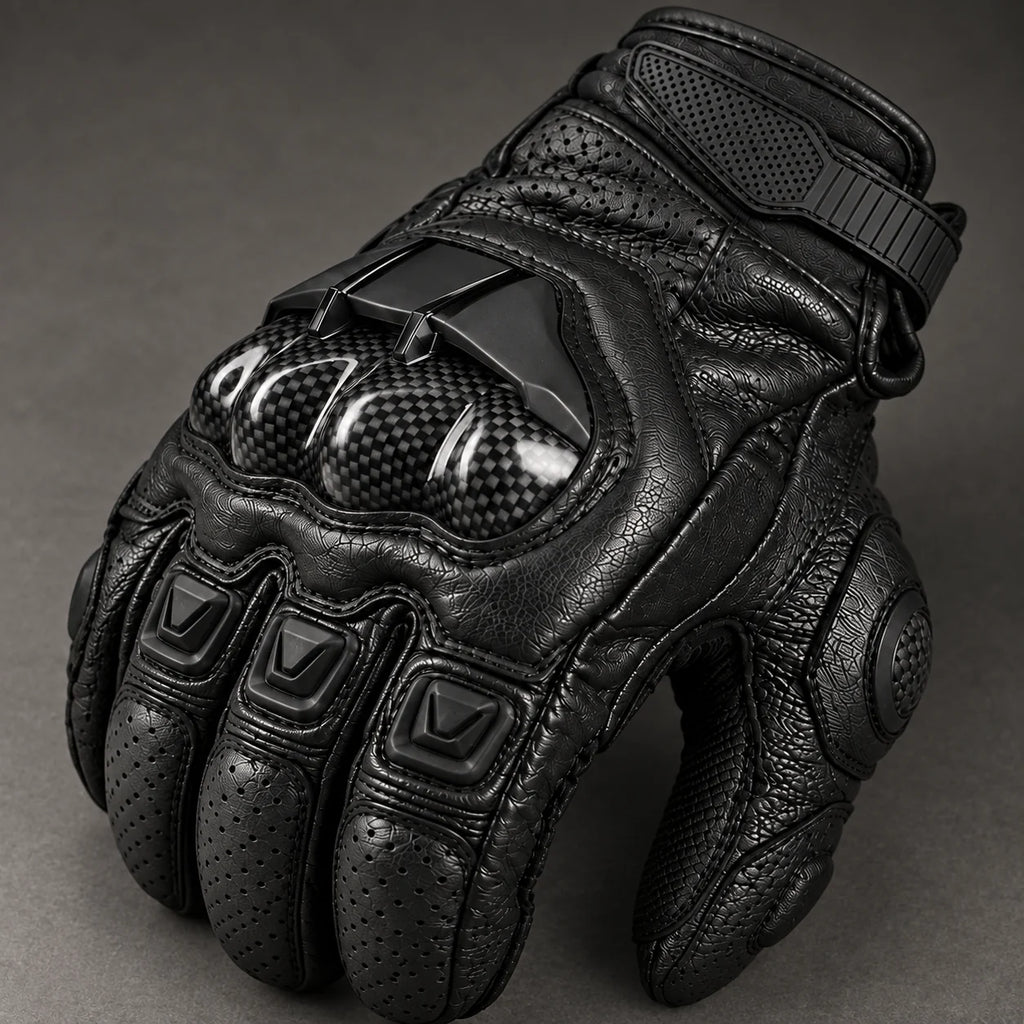 Gant moto hiver racing Rastik noir — gros plan cuir perforé et coque carbone