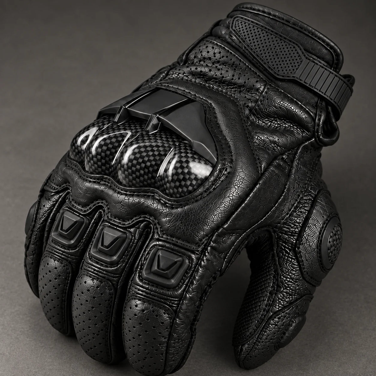 Gant moto hiver racing Rastik noir — gros plan cuir perforé et coque carbone