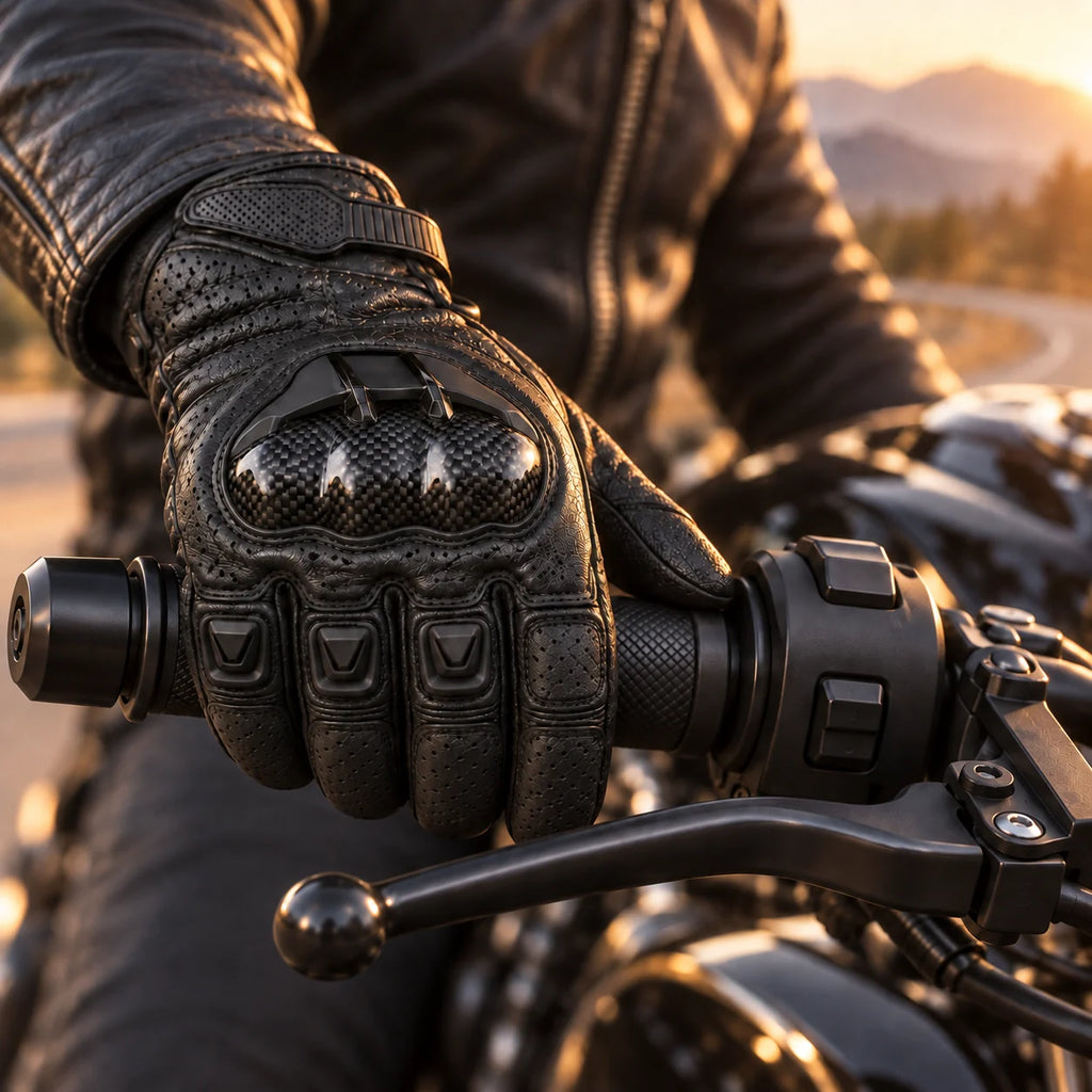 Gant moto hiver racing Rastik noir porté sur le guidon gauche