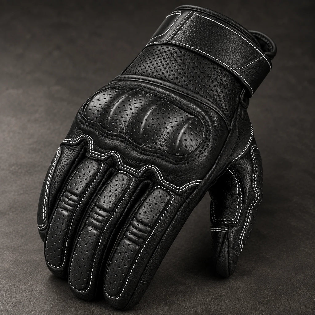 Gant moto été Ridera noir — gros plan cuir perforé et protection