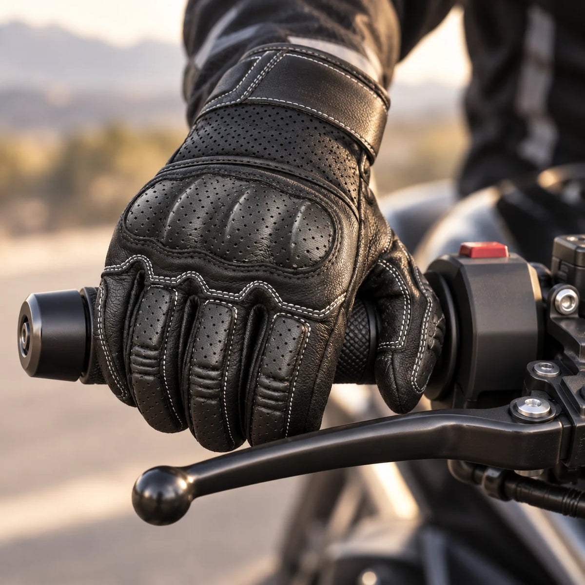 Gant moto été Ridera noir porté sur le guidon