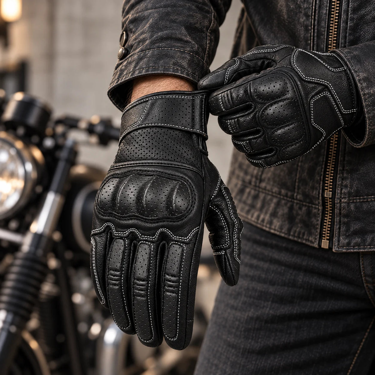 Gants moto été respirants Ridera noirs portés