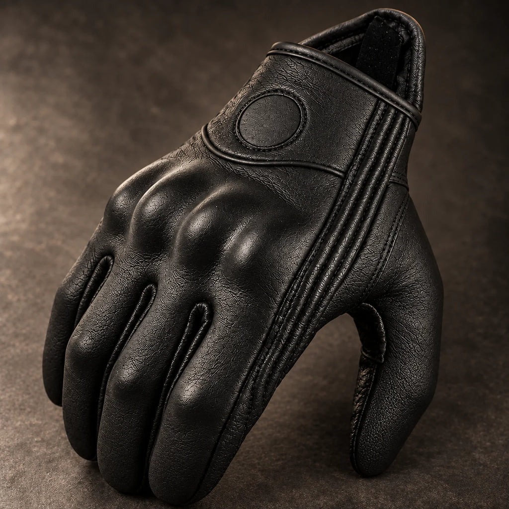 Gant moto rétro Suvra noir — gros plan cuir et coutures