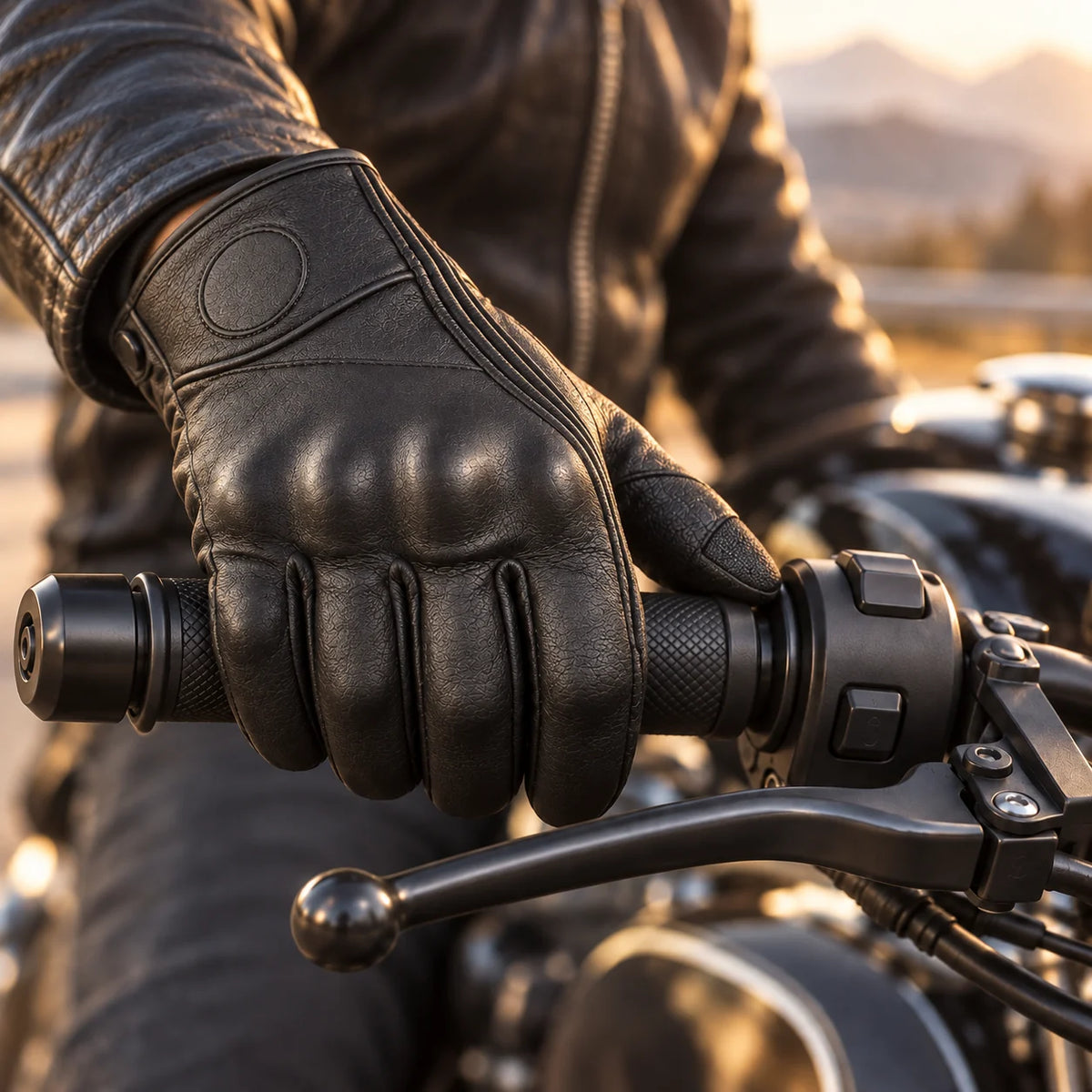 Gant moto rétro Suvra noir porté sur le guidon gauche