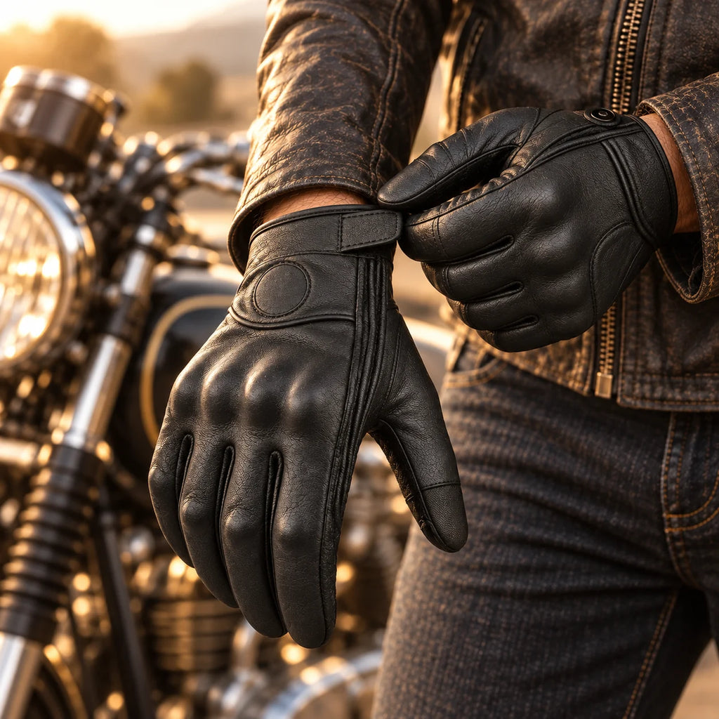 Gants moto rétro Suvra noirs portés