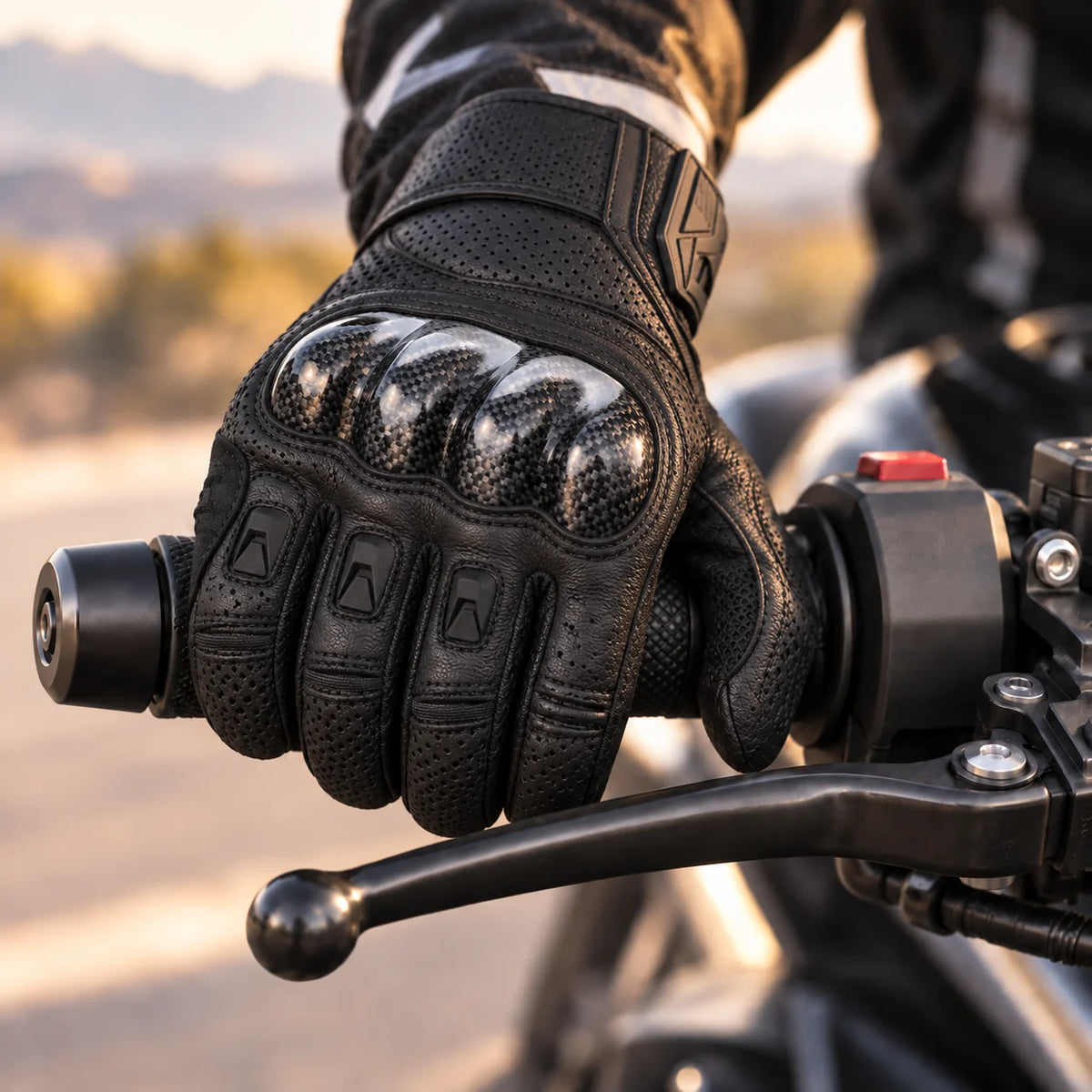 Gant moto Ventra noir porté sur le guidon