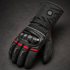 Gant moto chauffant trois niveaux Voltris rouge — gros plan protection, commande et coutures