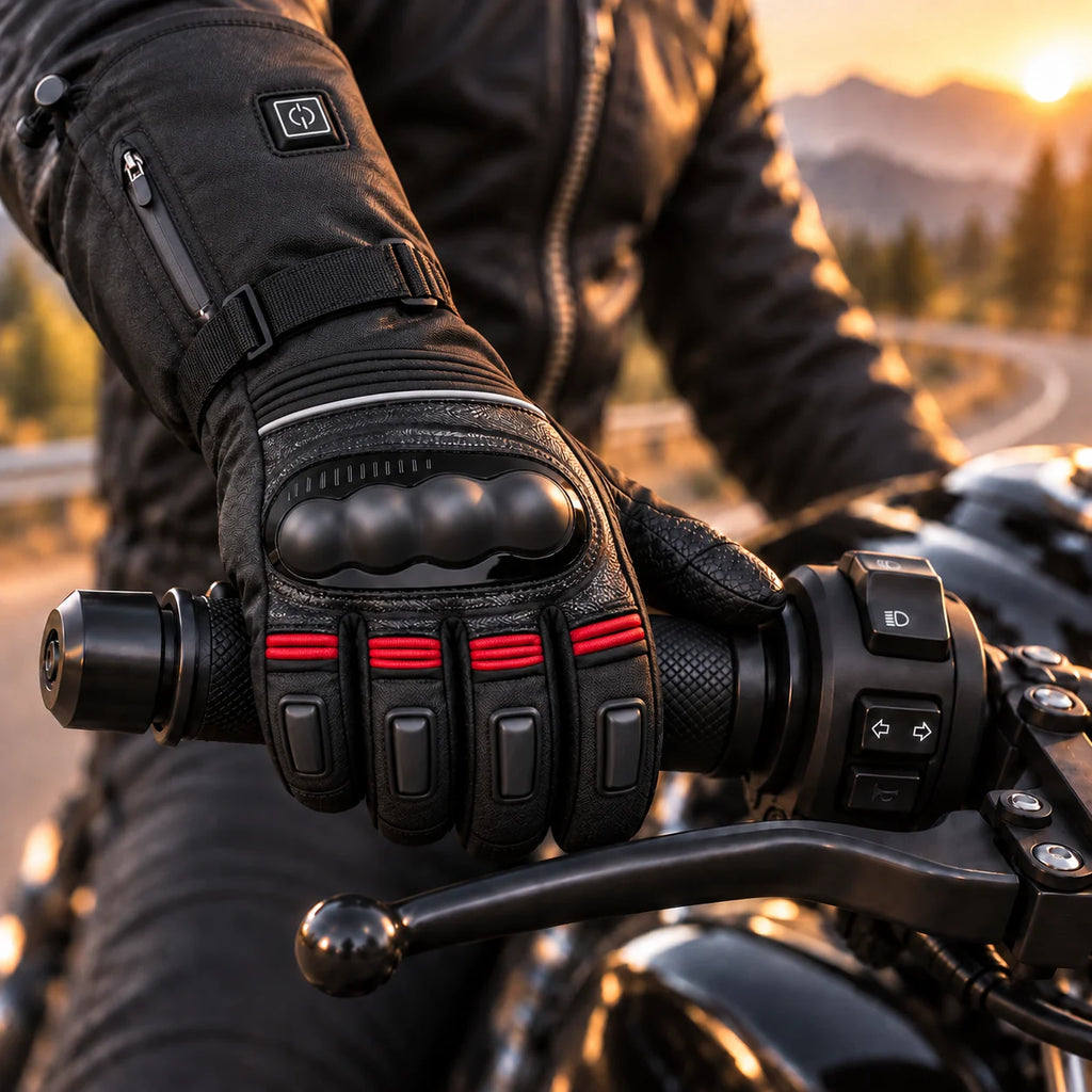 Gant moto chauffant trois niveaux Voltris rouge porté sur le guidon gauche