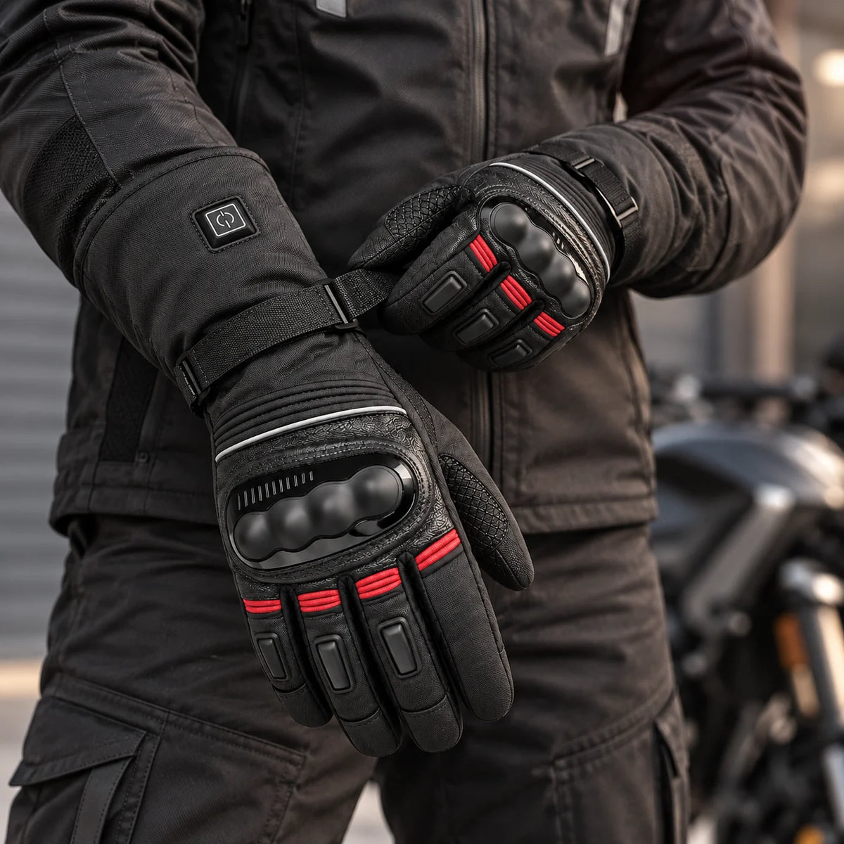 Gants moto chauffants trois niveaux Voltris rouge portés