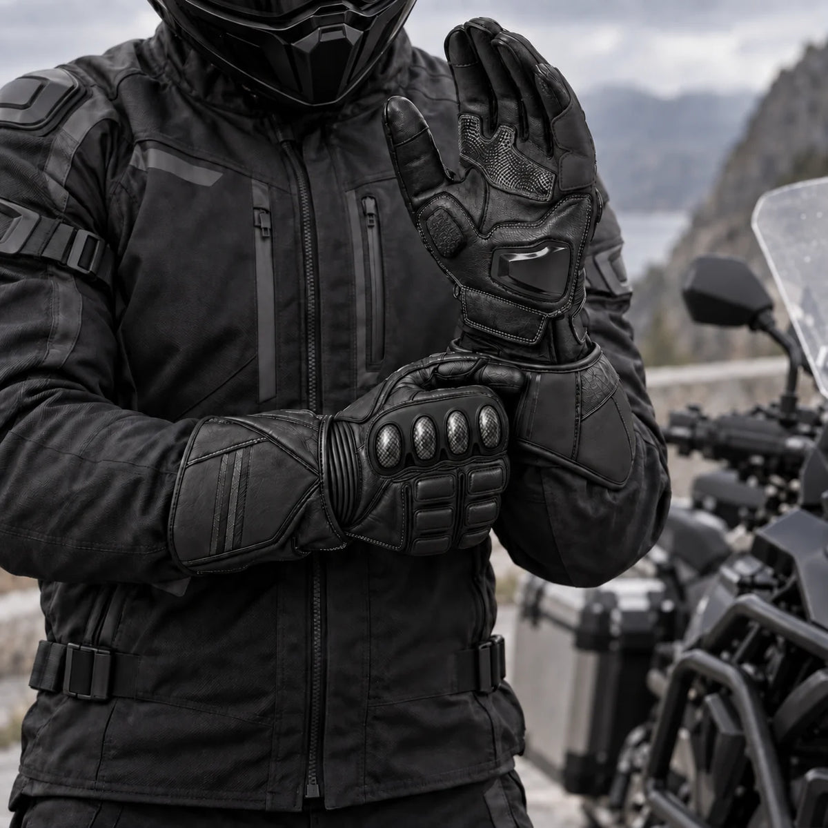 Gants moto touring cuir Wolfia portés