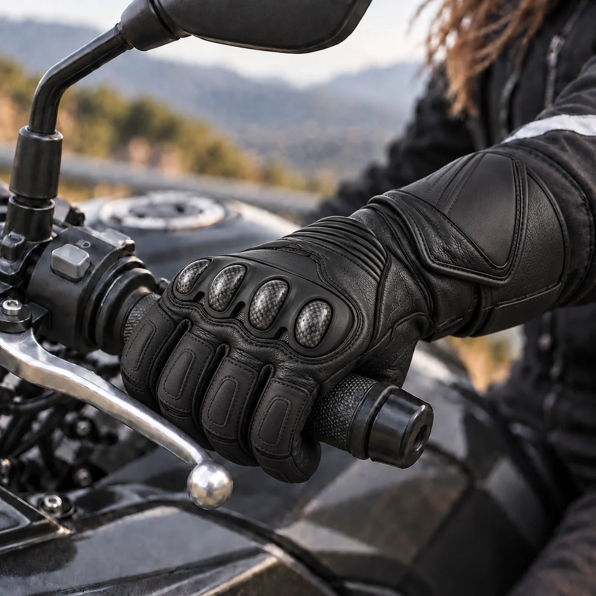 Gant moto touring cuir Wolfia sur le guidon gauche